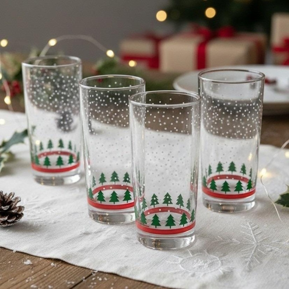 Winterland Winter Snow Tumblers by Libbey 4 Vintage Tree Holiday Glasses 16 0z